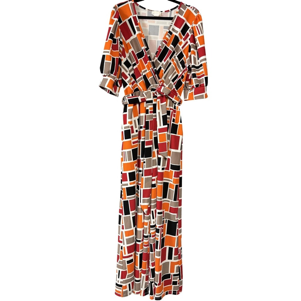 Karen-T Design Jumpsuit Womens 2X Plus Multi Geo Wrap Wide‎ Leg Pockets V Neck
